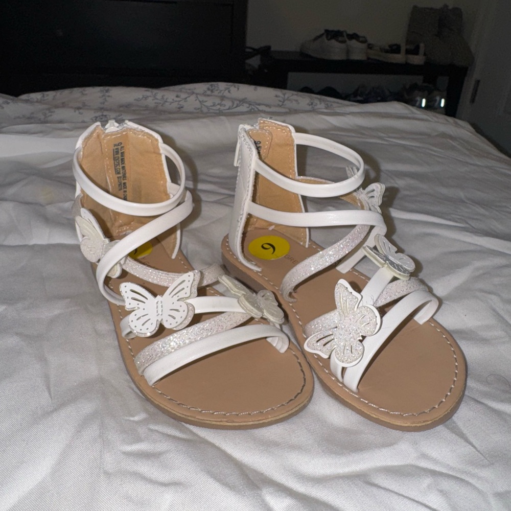 White and Tan Strappy Sandals with Flat Sole